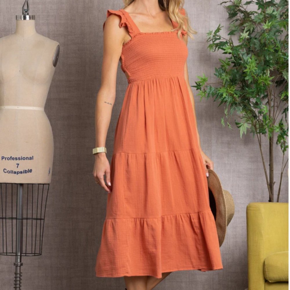 🧡RUST COLORED SQUARE NECK BACKLESS BANDEAU SLEEVELESS MAXI DRESS